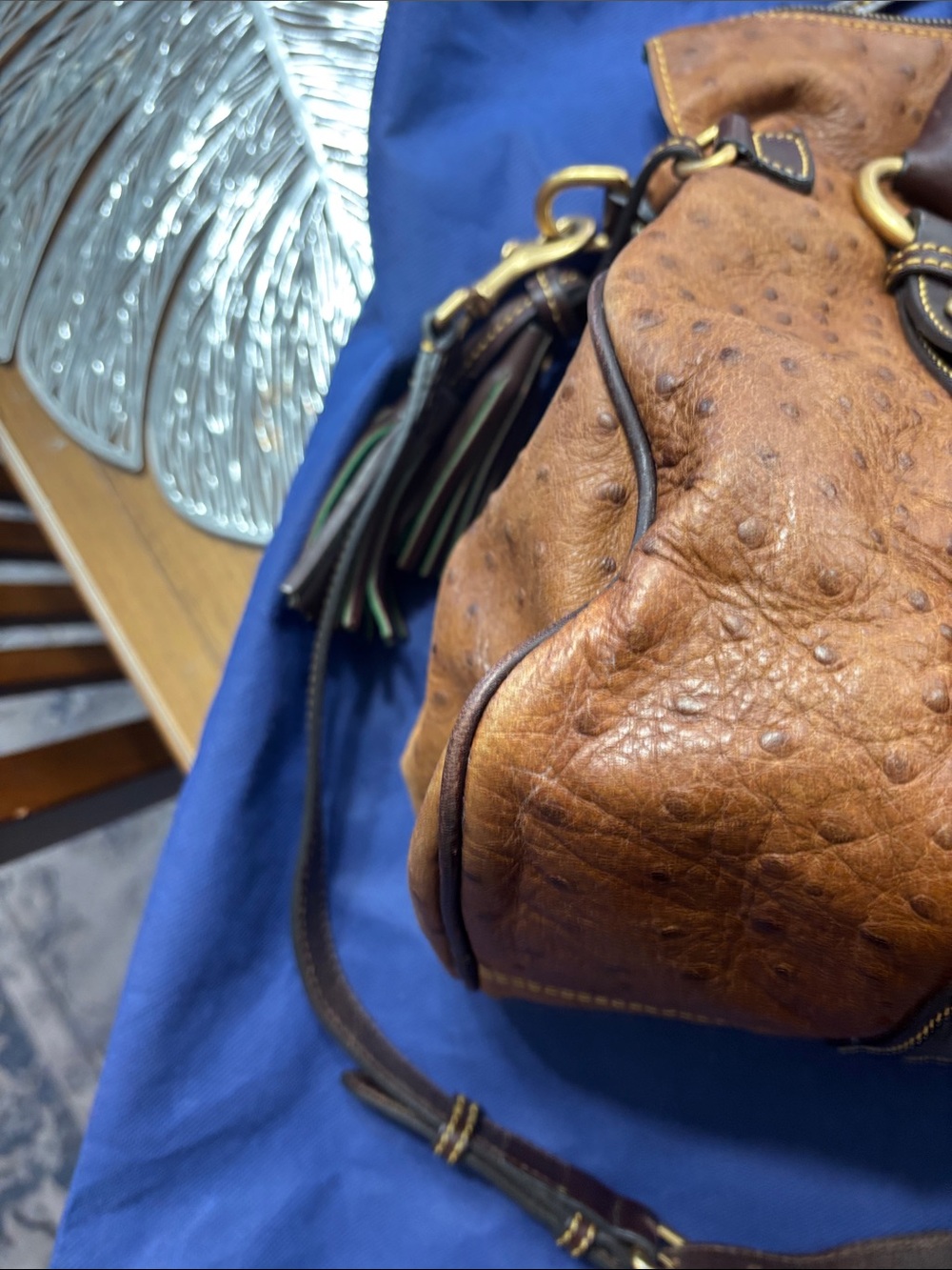 Dooney & Bourke Brown Ostrich-Effect Satchel with Dark Brown Trim - Picture 6 of 16